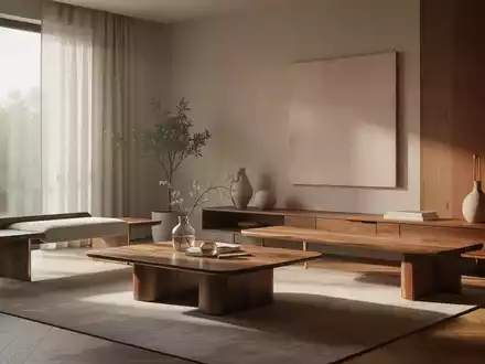 Ein minimalistisches Wohnzimmer mit eleganten, selbstgemachten Möbeln und warmen Holztönen, die durch natürliches Licht betont werden. - Foto: über boerse-global.de