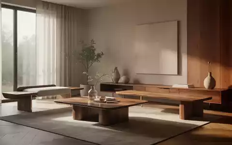 Ein minimalistisches Wohnzimmer mit eleganten, selbstgemachten Möbeln und warmen Holztönen, die durch natürliches Licht betont werden. - Foto: über boerse-global.de