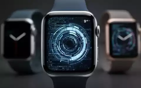 Close-up of a modern Apple Watch face showing AI graphics, with older, unsupported Apple Watch models blurred in the background. - Foto: über boerse-global.de
