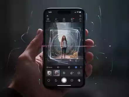 A hand holds a smartphone displaying a photo editing app. The screen shows an image being expanded and reframed using AI tools. - Foto: über boerse-global.de