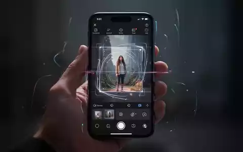 A hand holds a smartphone displaying a photo editing app. The screen shows an image being expanded and reframed using AI tools. - Foto: über boerse-global.de