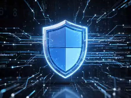 A glowing blue shield icon, representing Microsoft Defender, over a background of digital data streams and code, symbolizing cybersecurity. - Foto: über boerse-global.de