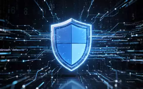 A glowing blue shield icon, representing Microsoft Defender, over a background of digital data streams and code, symbolizing cybersecurity. - Foto: über boerse-global.de