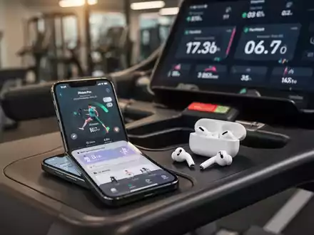 iPhone and AirPods Pro 3 on a treadmill console, displaying fitness metrics on the screen. - Foto: über boerse-global.de