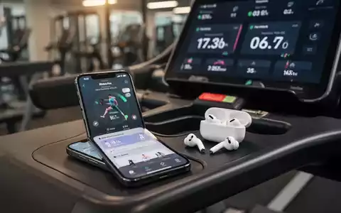 iPhone and AirPods Pro 3 on a treadmill console, displaying fitness metrics on the screen. - Foto: über boerse-global.de