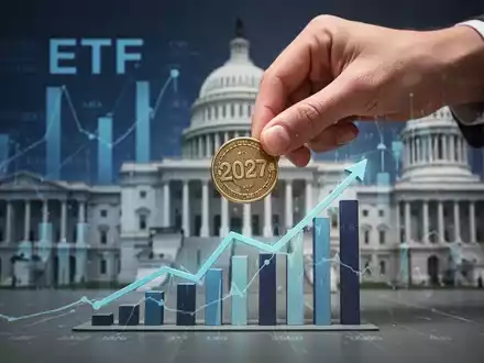 Eine Hand legt eine Münze mit der Aufschrift '2027' in ein Diagramm, das Wachstum darstellt, mit ETF-Symbolen und Regierungsgebäuden im Hintergrund. - Foto: über boerse-global.de