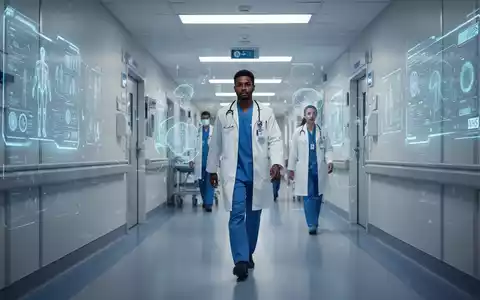 A modern NHS hospital corridor with digital interfaces and a medical professional, symbolizing AI integration in healthcare. - Foto: über boerse-global.de