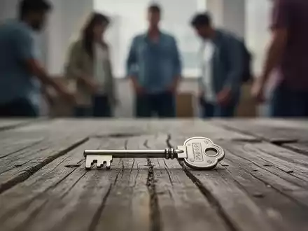 Ein einzelner Schlüssel liegt auf einer abgenutzten Holzoberfläche, im Hintergrund verschwommen Menschen, die Wohnungslosigkeit symbolisieren. - Foto: über boerse-global.de