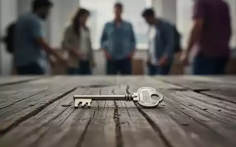 Ein einzelner Schlüssel liegt auf einer abgenutzten Holzoberfläche, im Hintergrund verschwommen Menschen, die Wohnungslosigkeit symbolisieren. - Foto: über boerse-global.de
