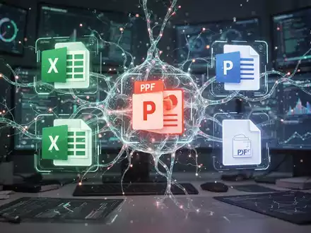 A stylized neural network intertwines with holographic icons for Excel, PowerPoint, and PDF, representing AI-powered research and export. - Foto: über boerse-global.de