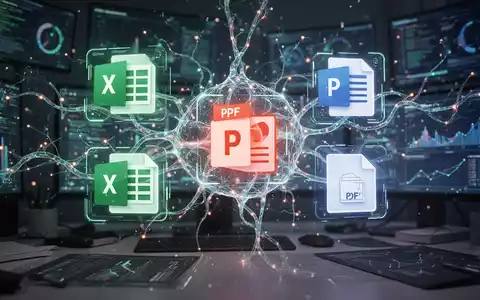 A stylized neural network intertwines with holographic icons for Excel, PowerPoint, and PDF, representing AI-powered research and export. - Foto: über boerse-global.de