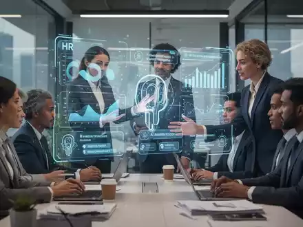 Eine vielfältige Gruppe von Fachleuten in einem modernen Büro, die HR-Daten und KI-Assistenten auf einer holografischen Schnittstelle betrachten. - Foto: über boerse-global.de