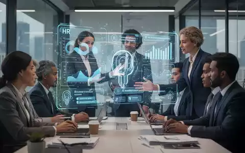 Eine vielfältige Gruppe von Fachleuten in einem modernen Büro, die HR-Daten und KI-Assistenten auf einer holografischen Schnittstelle betrachten. - Foto: über boerse-global.de