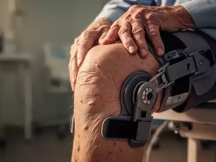 Nahaufnahme eines Knies mit einer Knieorthese, die Unterstützung bei Arthrose symbolisiert. - Foto: über boerse-global.de