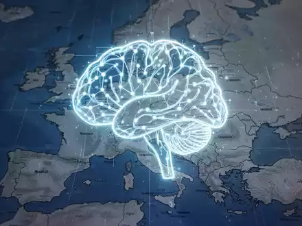 Eine stilisierte, leuchtende KI-Gehirn-Ikone über einer schematischen Europakarte, die technologische und regulatorische Spannung darstellt. - Foto: über boerse-global.de