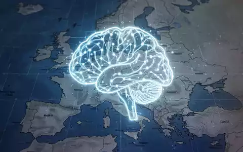 Eine stilisierte, leuchtende KI-Gehirn-Ikone über einer schematischen Europakarte, die technologische und regulatorische Spannung darstellt. - Foto: über boerse-global.de