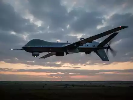 Eine Silhouette einer modernen Militärdrohne vor einem dramatischen, bewölkten Dämmerungshimmel über einer weiten Landschaft. - Foto: über boerse-global.de