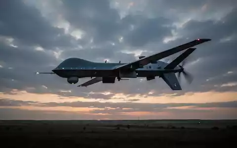 Eine Silhouette einer modernen Militärdrohne vor einem dramatischen, bewölkten Dämmerungshimmel über einer weiten Landschaft. - Foto: über boerse-global.de