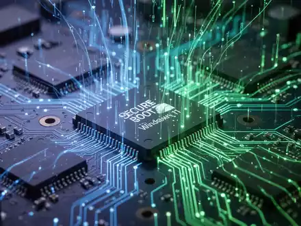 A close-up of a circuit board with glowing blue and green data streams, representing secure boot and Windows 11 hardware. - Foto: über boerse-global.de