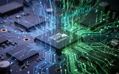 A close-up of a circuit board with glowing blue and green data streams, representing secure boot and Windows 11 hardware. - Foto: über boerse-global.de