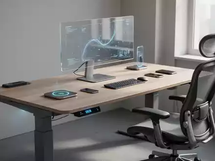 Ein minimalistischer Büroschreibtisch mit integrierter Technik, höhenverstellbar und transparentem Monitor, in einem modernen Raum. - Foto: über boerse-global.de