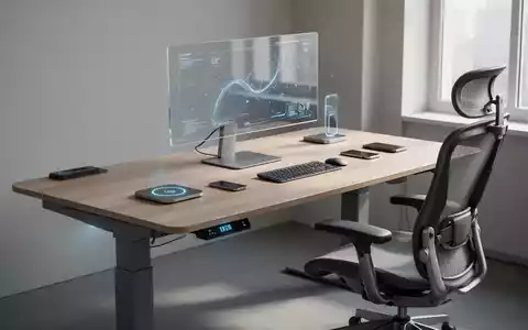 Ein minimalistischer Büroschreibtisch mit integrierter Technik, höhenverstellbar und transparentem Monitor, in einem modernen Raum. - Foto: über boerse-global.de