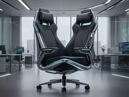 Ein futuristischer, ergonomischer Bürostuhl mit schlanken Linien und integrierten Bedienfeldern in einem modernen Büro. - Foto: über boerse-global.de