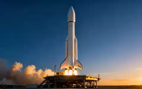 Eine elegante, futuristische weiße Neutron-Rakete von Rocket Lab steht bei Sonnenaufgang auf einer Startrampe. - Foto: über boerse-global.de