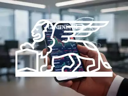 Nahaufnahme einer Hand, die ein Smartphone mit einer Aktienhandels-App und Generali-Aktienkursen hält, mit dem Intesa Sanpaolo-Logo - Foto: über boerse-global.de