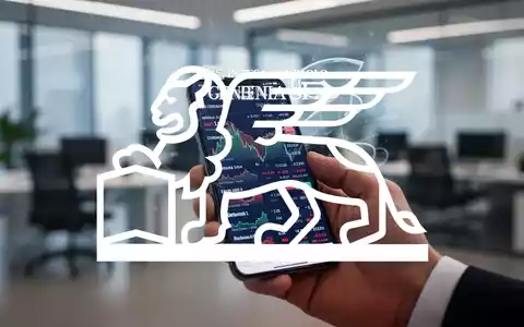 Nahaufnahme einer Hand, die ein Smartphone mit einer Aktienhandels-App und Generali-Aktienkursen hält, mit dem Intesa Sanpaolo-Logo - Foto: über boerse-global.de