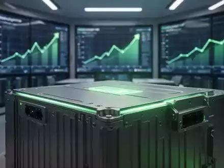 Nahaufnahme eines modernen Energiespeichermoduls mit grünem Licht und unscharfem Kontrollraum im Hintergrund, der Effizienz symbolisiert. - Foto: über boerse-global.de