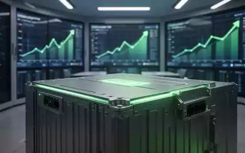 Nahaufnahme eines modernen Energiespeichermoduls mit grünem Licht und unscharfem Kontrollraum im Hintergrund, der Effizienz symbolisiert. - Foto: über boerse-global.de