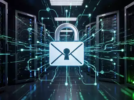 Digital padlock icon over a complex network of servers and data streams, symbolizing a cybersecurity vulnerability in email systems. - Foto: über boerse-global.de