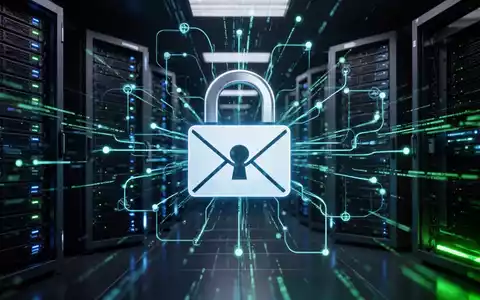 Digital padlock icon over a complex network of servers and data streams, symbolizing a cybersecurity vulnerability in email systems. - Foto: über boerse-global.de