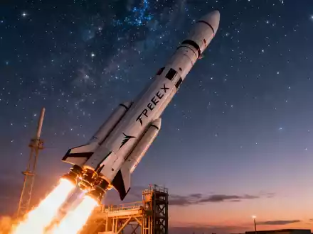 Eine futuristische Rakete startet von einem privaten Weltraumbahnhof in den Nachthimmel, mit subtilen SpaceX-Elementen. - Foto: über boerse-global.de