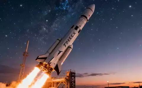 Eine futuristische Rakete startet von einem privaten Weltraumbahnhof in den Nachthimmel, mit subtilen SpaceX-Elementen. - Foto: über boerse-global.de