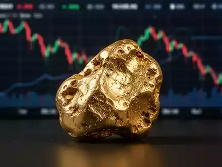 Ein glänzender Goldklumpen im Vordergrund, unscharfe, fallende Börsencharts im Hintergrund, die finanzielle Schwierigkeiten andeuten. - Foto: über boerse-global.de