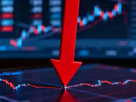 Eine rote, nach unten zeigende Pfeilspitze durchbohrt einen digitalen Aktienchart, der einen starken Verlust anzeigt. - Foto: über boerse-global.de