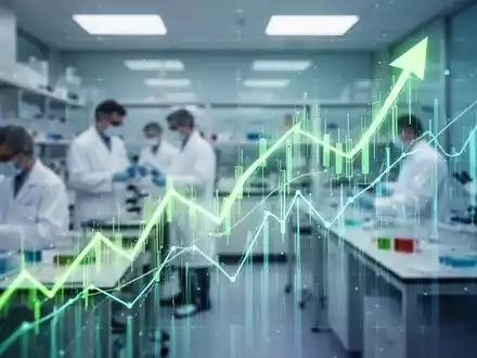 Abstrakte Darstellung eines stark steigenden Aktientrends vor dem verschwommenen Hintergrund eines modernen Forschungslabors. - Foto: über boerse-global.de