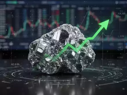 Ein glänzendes Germanium-Mineral auf dunklem Grund mit digitalen Daten und einem grünen Pfeil, der nach oben zeigt. - Foto: über boerse-global.de