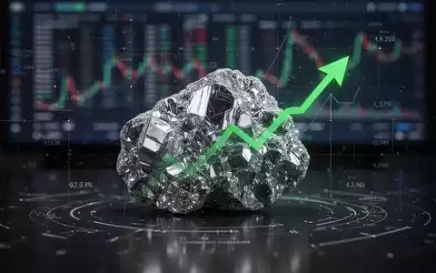 Ein glänzendes Germanium-Mineral auf dunklem Grund mit digitalen Daten und einem grünen Pfeil, der nach oben zeigt. - Foto: über boerse-global.de