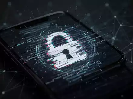 Nahaufnahme eines Smartphone-Bildschirms mit einem verzerrten, glitchigen Schloss-Symbol, umgeben von digitalem Code, der Cyberkriminalität symbolisiert. - Foto: über boerse-global.de