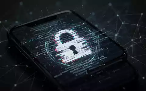 Nahaufnahme eines Smartphone-Bildschirms mit einem verzerrten, glitchigen Schloss-Symbol, umgeben von digitalem Code, der Cyberkriminalität symbolisiert. - Foto: über boerse-global.de