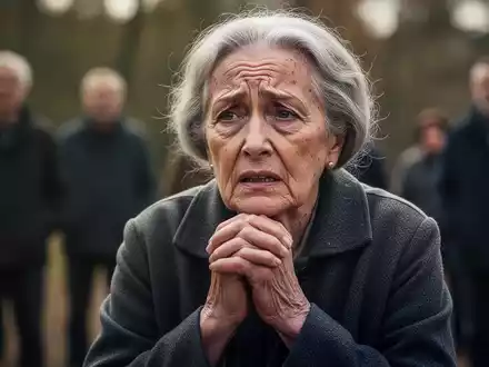 Eine ältere Frau mit besorgtem Ausdruck, die Hände gefaltet, im Freien, mit verschwommenen Gestalten im Hintergrund. - Foto: über boerse-global.de