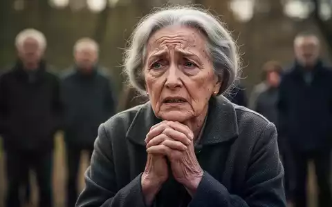 Eine ältere Frau mit besorgtem Ausdruck, die Hände gefaltet, im Freien, mit verschwommenen Gestalten im Hintergrund. - Foto: über boerse-global.de