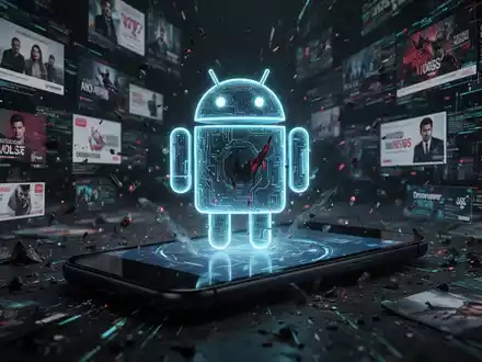 Ein stilisiertes, leuchtendes Android-Roboter-Symbol, das bedrohlich aus einem Smartphone-Bildschirm herausragt, umgeben von digitalen Werbeanzeigen. - Foto: über boerse-global.de