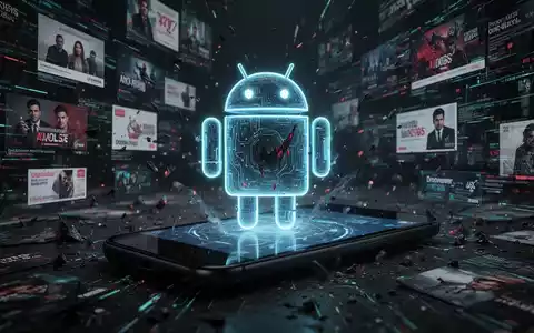 Ein stilisiertes, leuchtendes Android-Roboter-Symbol, das bedrohlich aus einem Smartphone-Bildschirm herausragt, umgeben von digitalen Werbeanzeigen. - Foto: über boerse-global.de