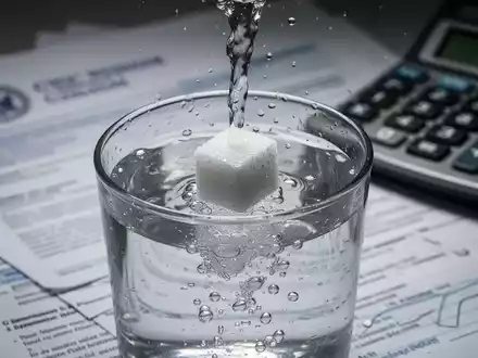Ein Zuckerwürfel löst sich in Wasser auf, im Hintergrund verschwommen sind Regierungsdokumente und ein Taschenrechner zu sehen. - Foto: über boerse-global.de