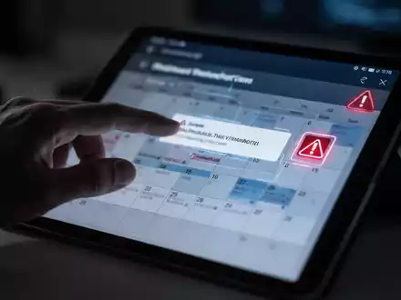 A hand interacting with a digital calendar on a tablet, displaying a suspicious event invitation with a warning symbol. - Foto: über boerse-global.de