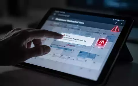 A hand interacting with a digital calendar on a tablet, displaying a suspicious event invitation with a warning symbol. - Foto: über boerse-global.de